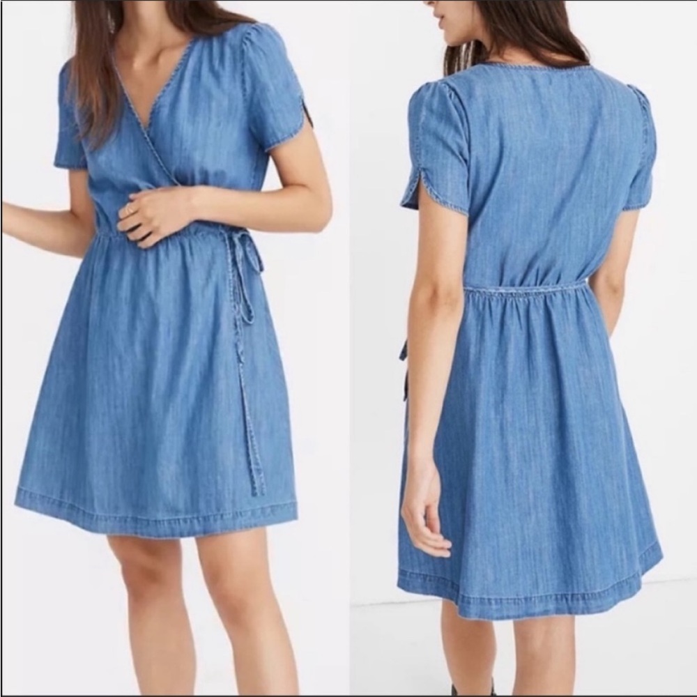 Madewell denim wrap dress with tulip sleeve